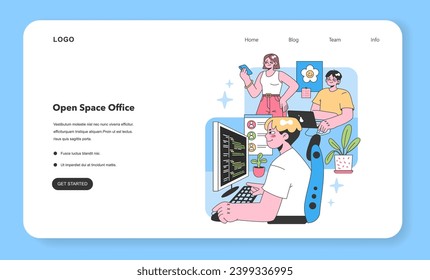 Modern office setting. Man focused on coding task while teammates discuss and use mobile. Vibrant workspace elements and greenery. Tech collaboration. Flat vector illustration.