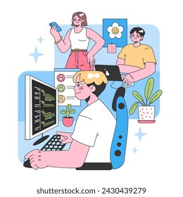 Modern office setting. Man focused on coding task while teammates discuss and use mobile. Vibrant workspace elements and greenery. Tech collaboration. Flat vector illustration.