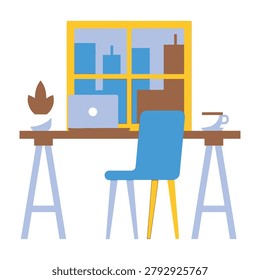Modern office setup with laptop computer on wooden desk and blue chair in front of large window with urban cityscape view