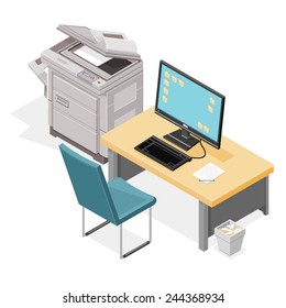 Modern office space with table, chair, computer and photocopier. Modern office space