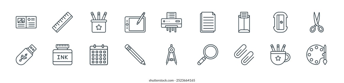 moderno escritório papelaria ícone pack. perfeito para desenhos de ui lineares com paleta de cores vetoriais, estojo de lápis, clipe de papel, lupa, bússola, lápis, calendário e mais ícones para celular e