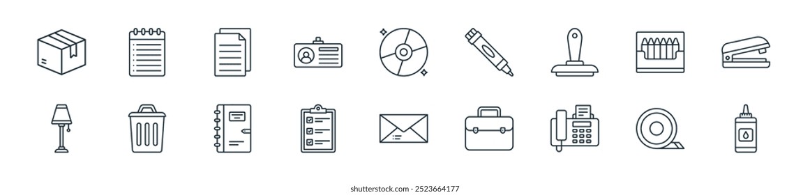 Icono de papelería de oficina moderna. perfecto para diseños de interfaz de usuario lineal con pegamento líquido de Vector, cinta adhesiva, brillo de fax, maletín, sobre, Portapapeles, agenda y más iconos para App móviles y de Web.