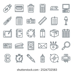 Icono de papelería de oficina moderna: perfecto para diseños de interfaz de usuario lineal con trituradora de papel de Vector, disco compacto, pegamento líquido, marcador, despertador y más iconos.