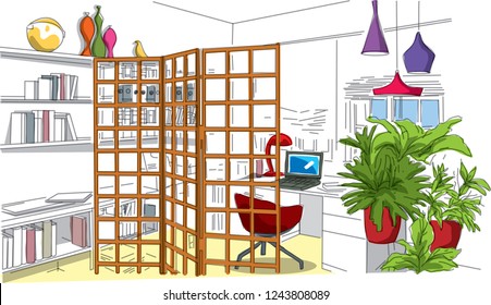 Modern office, study room  interior . Wooden folding screen , room divider
