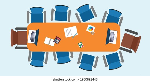 Mesa de oficina moderna con sillas ilustraciones vectoriales de un icono de Internet para reuniones de negocios. Reunión corporativa isométrica. Reunión de negocios con mesa y sillas. Portátil, notas de taza de café de calculador