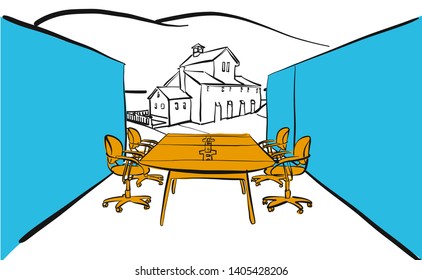 Modern office table scene outdoor concept. Hand drawn vector art for architecture and communication projects. 