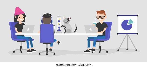 Modern office. A team of young employees working on their laptops / flat editable vector illustration, clip art