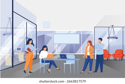 Colegas trabajando juntos en la Ilustración vectorial plana del proyecto. Empleados de dibujos animados que comparten ideas y habilidades para el éxito de la empresa. 