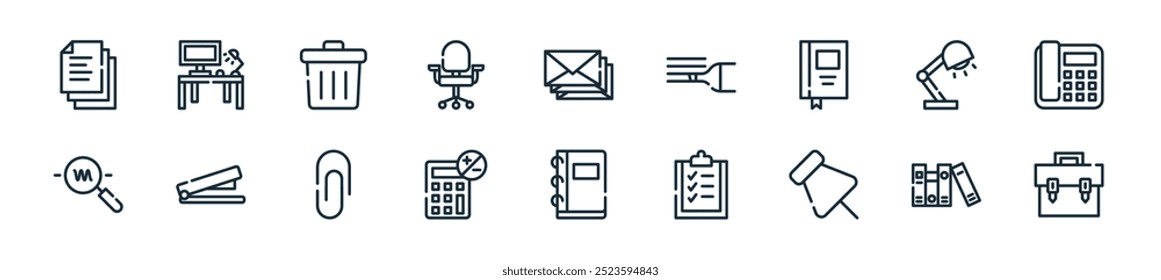 modern office tools icon pack. perfect for linear ui designs featuring vector suitcase, folders, push pin, checklist, notebook, calculator, paperclip and more icons for mobile and web apps.
