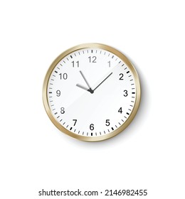 Reloj de pared ofimática moderno con marco dorado y dial blanco, ilustración vectorial 3d aislada en fondo blanco. Mochila realista a lo largo del día.