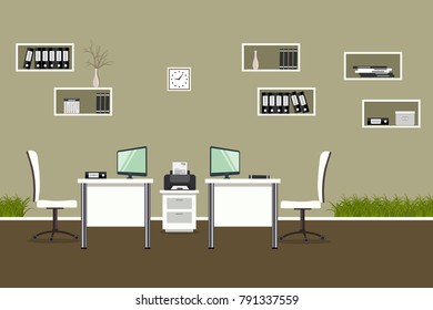 Modern office with white furniture and decorative grass. There are desks, chairs, a printer, shelves with documents in the picture. Vector illustration