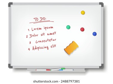 Modern office whiteboard with plans to do on white background. Vector illustration of whiteboard demonstrating concise plans and tasks