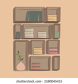 Modern office wooden cabinet with many books, vase and boxes. Vector illustration in cartoon style.
