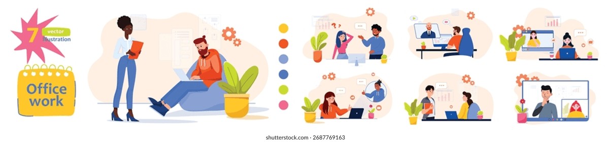 Moderne Büroarbeitsszenen Vektor Illustration Pack für Websites, Präsentationen und Marketing. Sammlung moderner Illustrationen für Büroarbeiten mit Menschen, die zusammenarbeiten, an Laptops arbeiten, halten