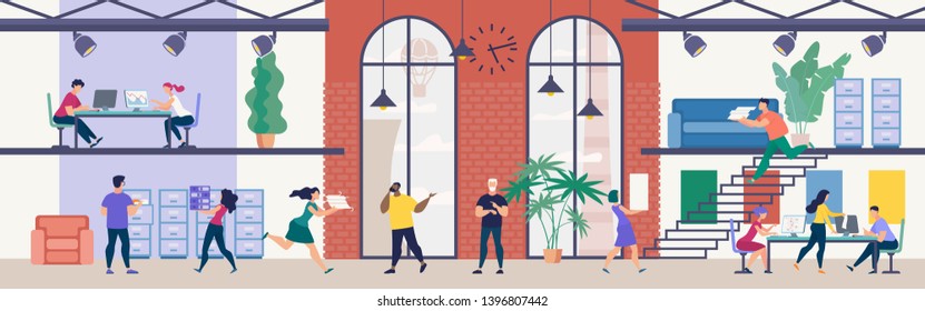 Modern Office Work, Time Management in Business Flat Vector Concept. Company Employees Working Together in Spacious Office, Boss Showing on Clock When Personnel Running Around with Papers Illustration