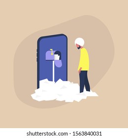 Modern office work, Young exhausted indian male manager staring at the heap of unread emails