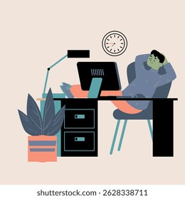 Modern Office Worker Relaxing at Desk with Computer, Indoor Plant, and Lamp – Professional Workspace Illustration