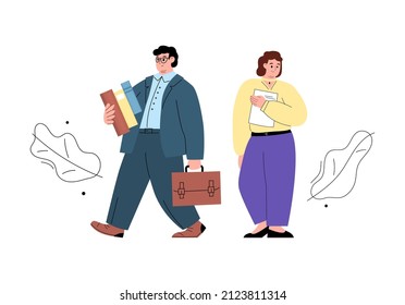 Modern office workers or business people of chubby full physique, flat cartoon vector illustration isolated on white background. Positive overweight man and woman.
