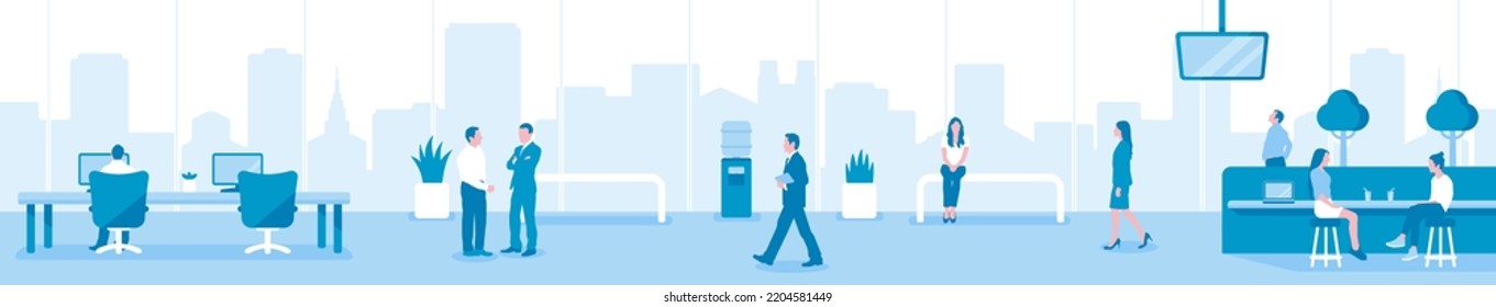 Modern office and workers horizontal vector illustration