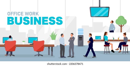 Modern office and workers horizontal vector illustration