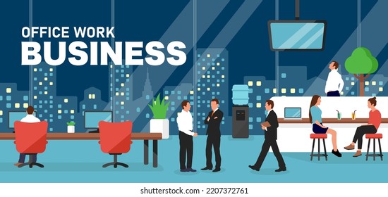 Modern office and workers horizontal vector illustration (evening)
