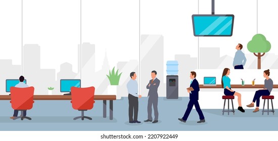Modern office and workers horizontal vector illustration