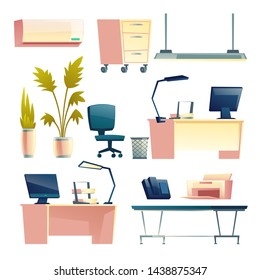 Modern office workplace furniture, equipment and supplies isolated cartoon vector set. Work desk with computer monitor, lamp and paper tray, plants in flowerpots, air conditioning unit illustration