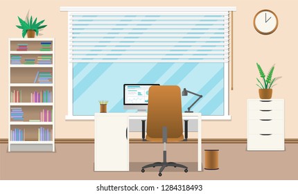 Modern office workplace interior concept. Business workspace with office furniture: chair, desk, bookcase, desktop, lamp, clock on the wall and window. Vector illustration.