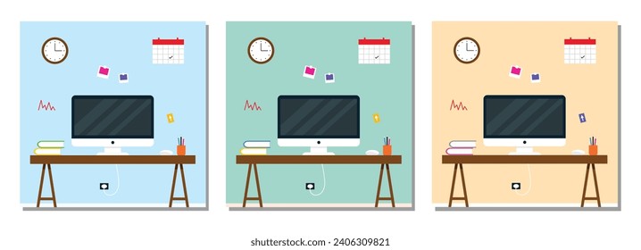 Moderno interior de oficina. Escritorio con ordenador portátil, papelería, libros, calendario, reloj. Ilustración de vectores en el lugar de trabajo de negocios en estilo plano. Lugar de trabajo. 