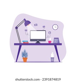 Modern office workplace setup. Desk with computer, plants, papers, cup, lamp, clock and books. Business workplace Vector illustration in flat style.  Efficient worker concept. 