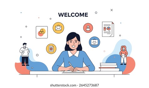 Modern Office Workplace Welcome Concept and Staff Members Pictured
