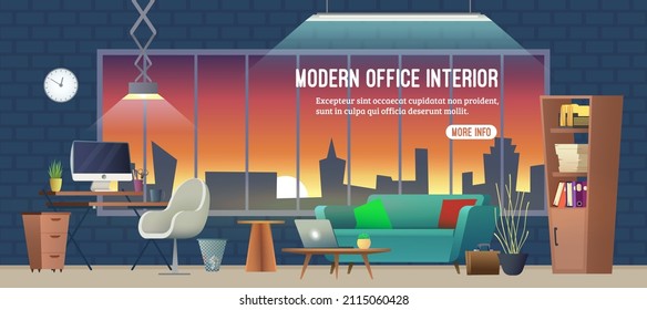 Modern office workplace. Workspace with big window with cityscape and sunset. Computer, laptop, furniture in interior