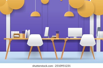 Espacio de trabajo de oficina moderno con computadoras y sillas de diseño minimalista colorido con paredes púrpuras, escritorios de madera y lámparas colgantes