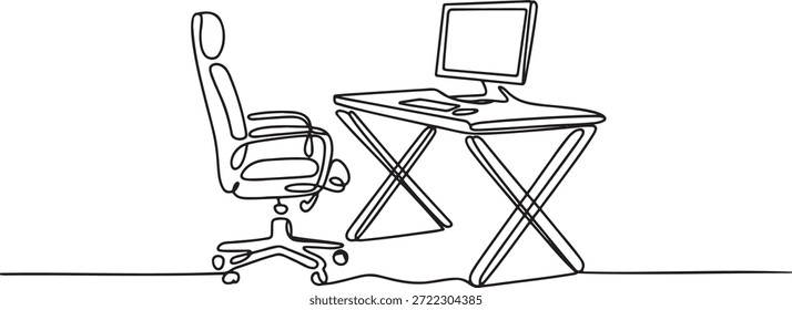 Espacio de trabajo de oficina moderno. Dibujo continuo de una línea de un escritorio de computadora con un monitor y un teclado, junto con una silla giratoria ergonómica. Concepto de oficina en casa o entorno corporativo en un estilo artístico simple.