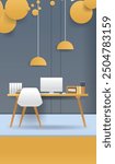 Modern office workspace desk computer lamp minimalist design papercut style yellow grey colors