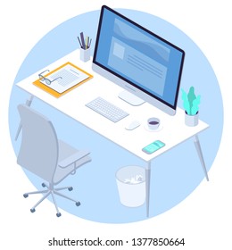 Modern office workspace with desk, computer chear, keyboard, mouse, cup of coffee and smartphone isometric  vector concept isolated on light blue background.