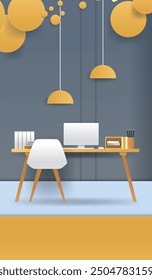 Modern office workspace desk computer lamp minimalist design papercut style yellow grey colors