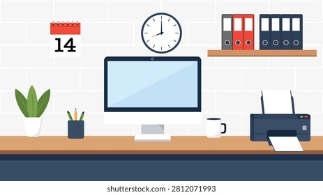 Modern Office Workspace Desktop Computer Home Office Interior Business Background Illustration Design