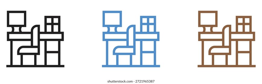 Modern office workspace icon set with desk, computer, and chair in various colors