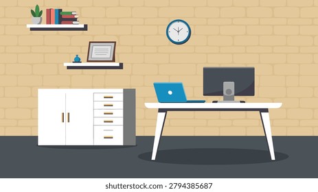 modern office workspace interior with desk computer laptop storage cabinet wall shelves and business workplace setup vector illustration