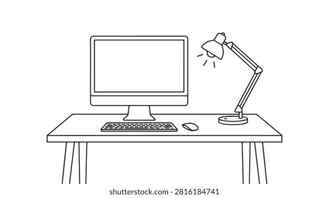 Modern Office Workspace Line Art Illustration Featuring Computer Keyboard Mouse and Desk Lamp