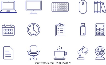 Modern office workspace line icon collection featuring essential office equipment and productivity symbols. Includes laptop, monitor, keyboard, mouse, printer, calendar, document, folder, calculator, coffee cup, and other workspace elements. Perfect for websites, mobile apps, presentations, dashboards, UI and UX design, infographics, business projects, and digital products.