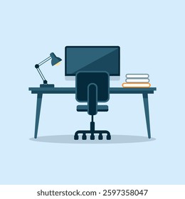 A modern office workspace setup featuring essential work tools, including a desk, computer, stationery, and ergonomic furniture, isolated on a plain background.