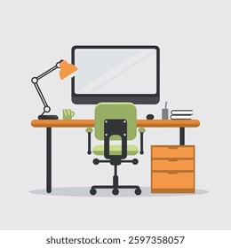 A modern office workspace setup featuring essential work tools, including a desk, computer, stationery, and ergonomic furniture, isolated on a plain background.