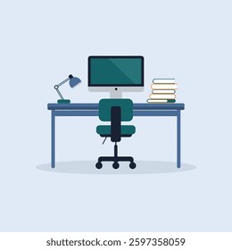 A modern office workspace setup featuring essential work tools, including a desk, computer, stationery, and ergonomic furniture, isolated on a plain background.