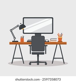 A modern office workspace setup featuring essential work tools, including a desk, computer, stationery, and ergonomic furniture, isolated on a plain background.