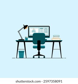 A modern office workspace setup featuring essential work tools, including a desk, computer, stationery, and ergonomic furniture, isolated on a plain background.