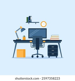 A modern office workspace setup featuring essential work tools, including a desk, computer, stationery, and ergonomic furniture, isolated on a plain background.