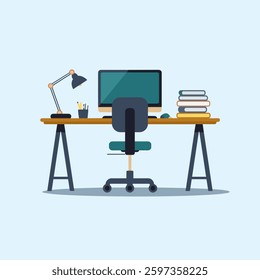 A modern office workspace setup featuring essential work tools, including a desk, computer, stationery, and ergonomic furniture, isolated on a plain background.