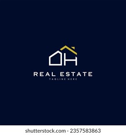 modern OH letter real estate logo in linear style with simple roof building in blue